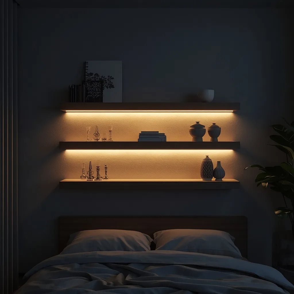 Floating shelves with hidden warm LED backlighting glowing on a dark wall