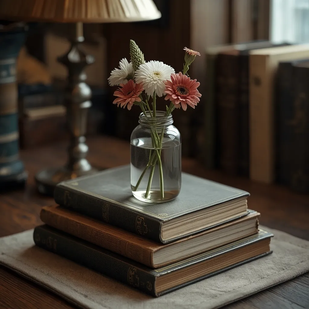 Flowers on a stack of old books