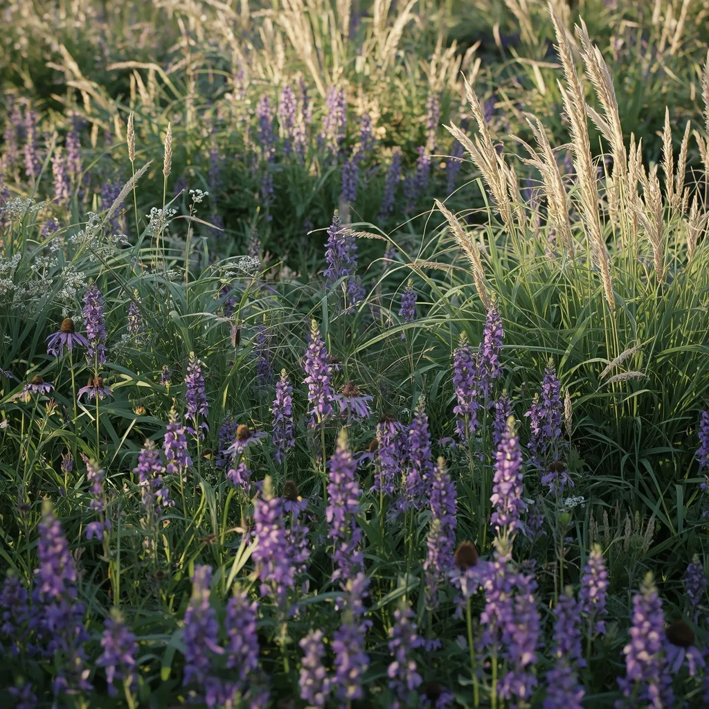 Full sun prairie flower bed drift