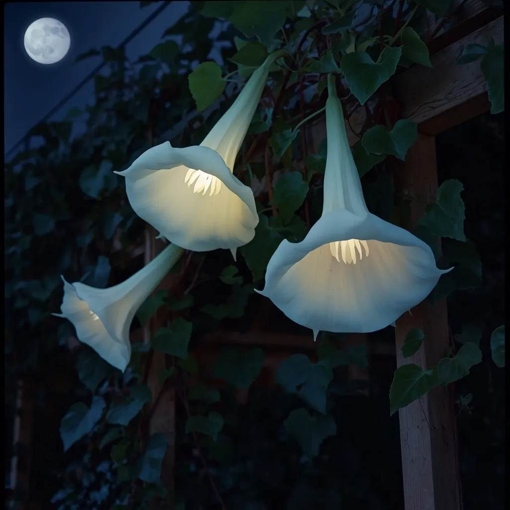 Large white moonflower blooms glowing on a climbing vine over a trellis at night