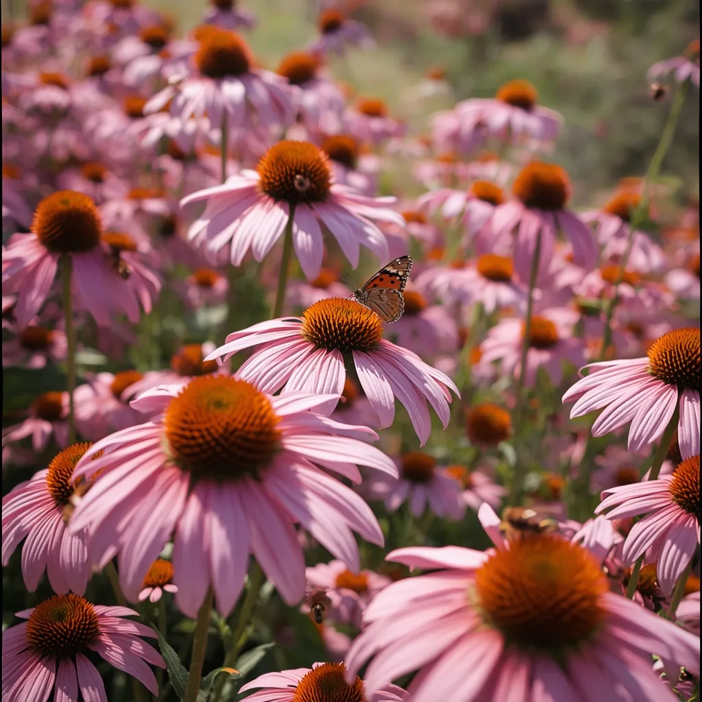 Rosy-pink coneflowers with a butterfly in a sunny pollinator border