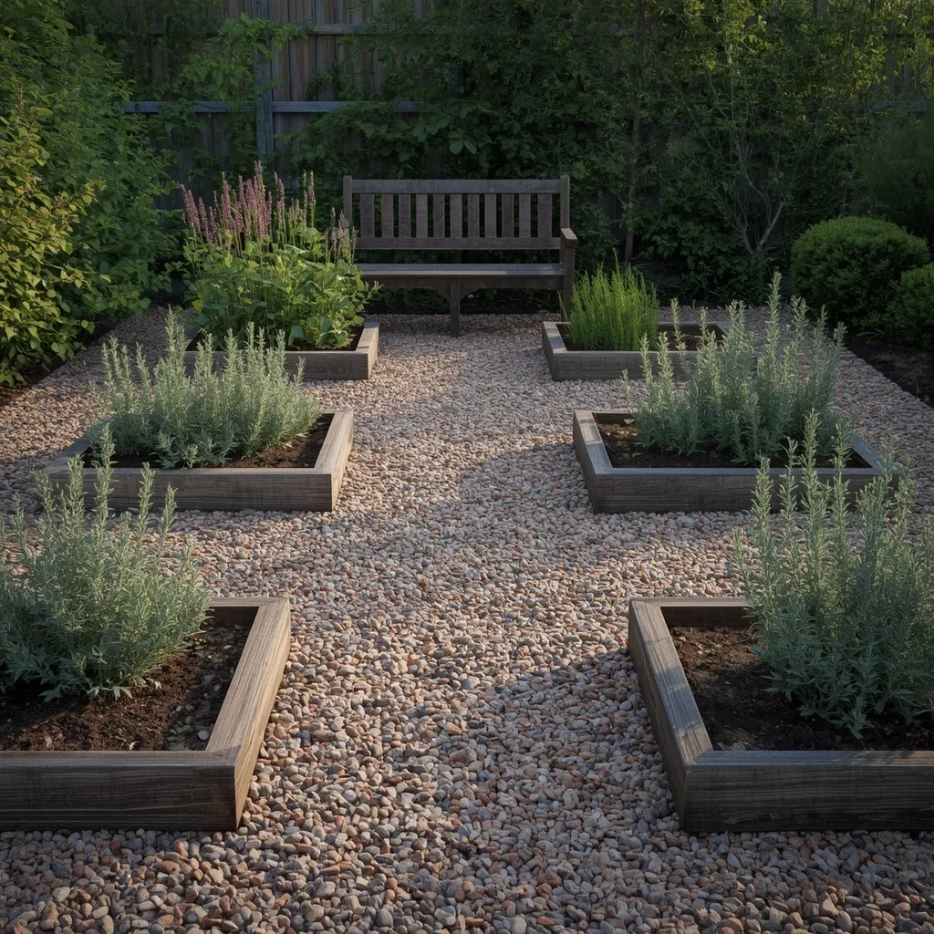 Rustic gravel path herb garden layout
