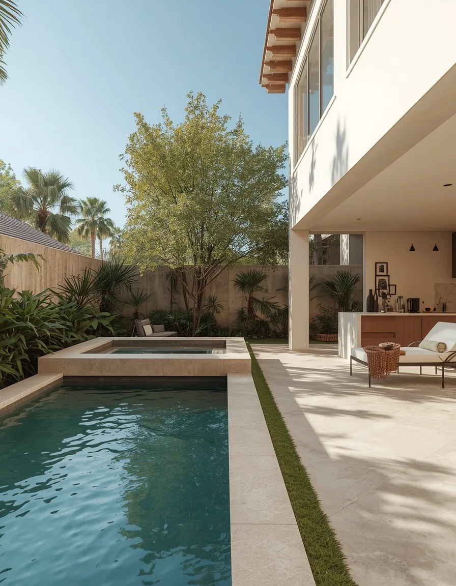 Small backyard pool and kitchen