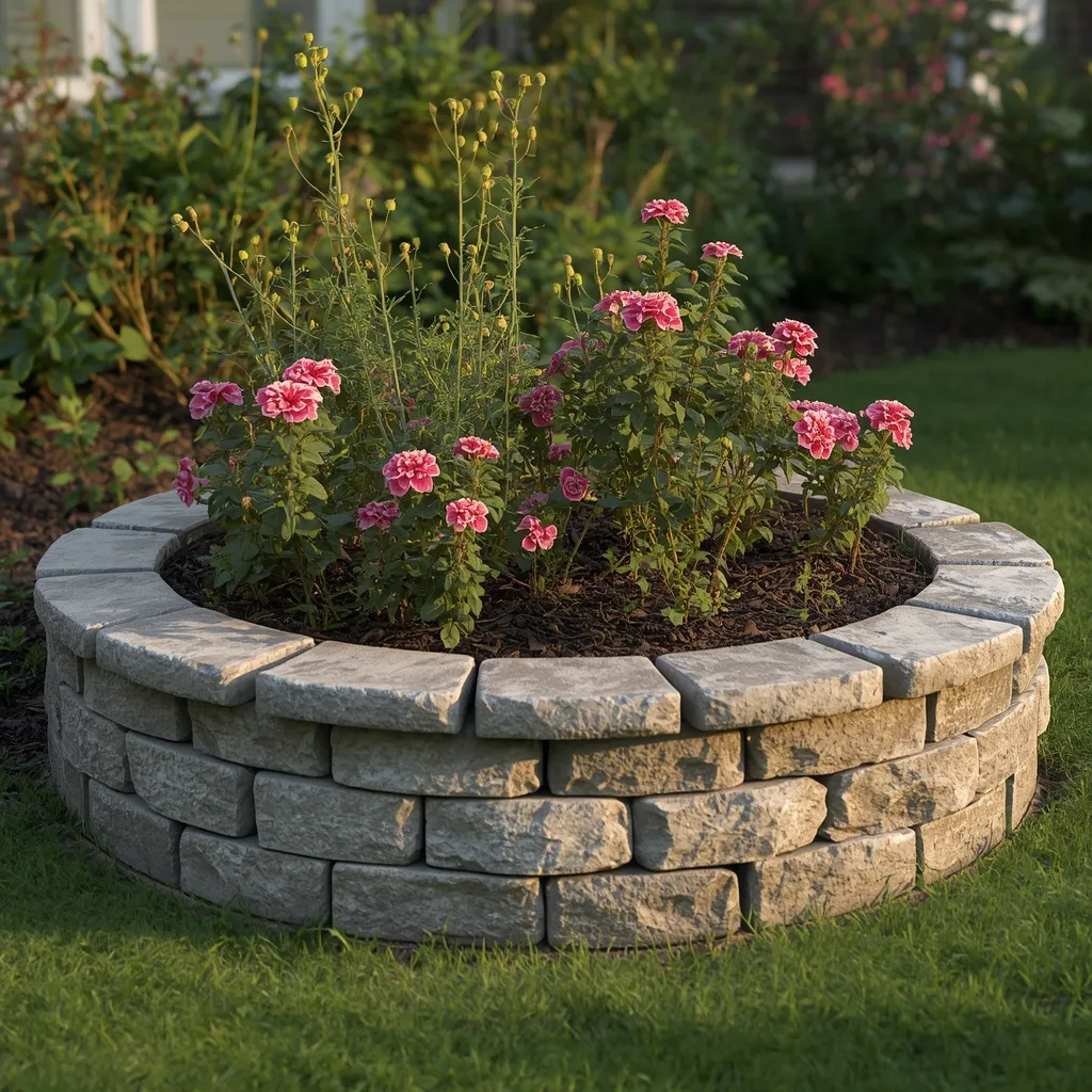 Stone edged raised flower bed