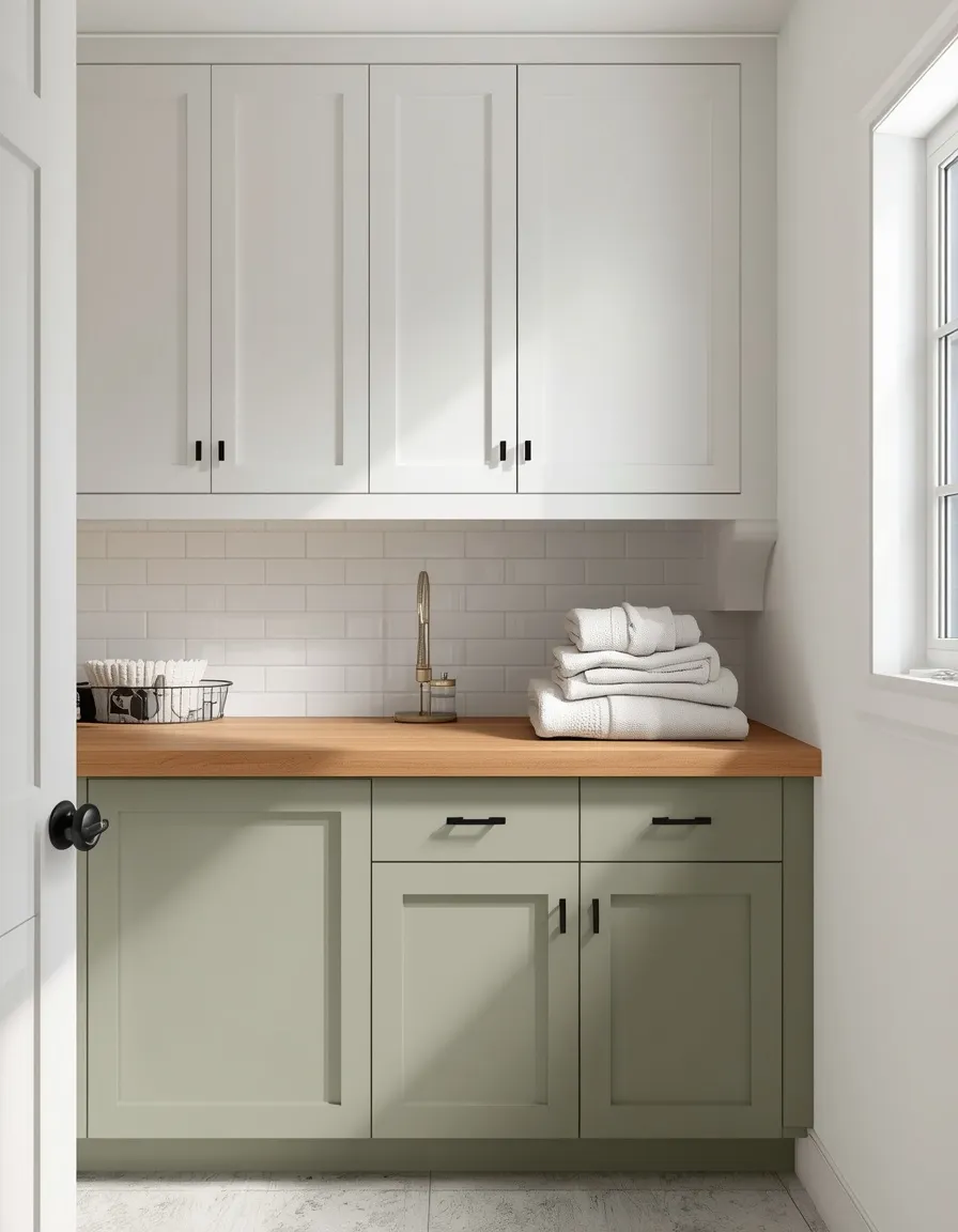 Two-tone sage and white laundry cabinets