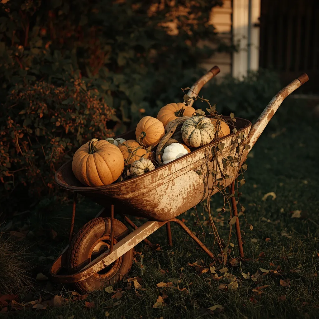 Vintage wheelbarrow filled with pumpkins