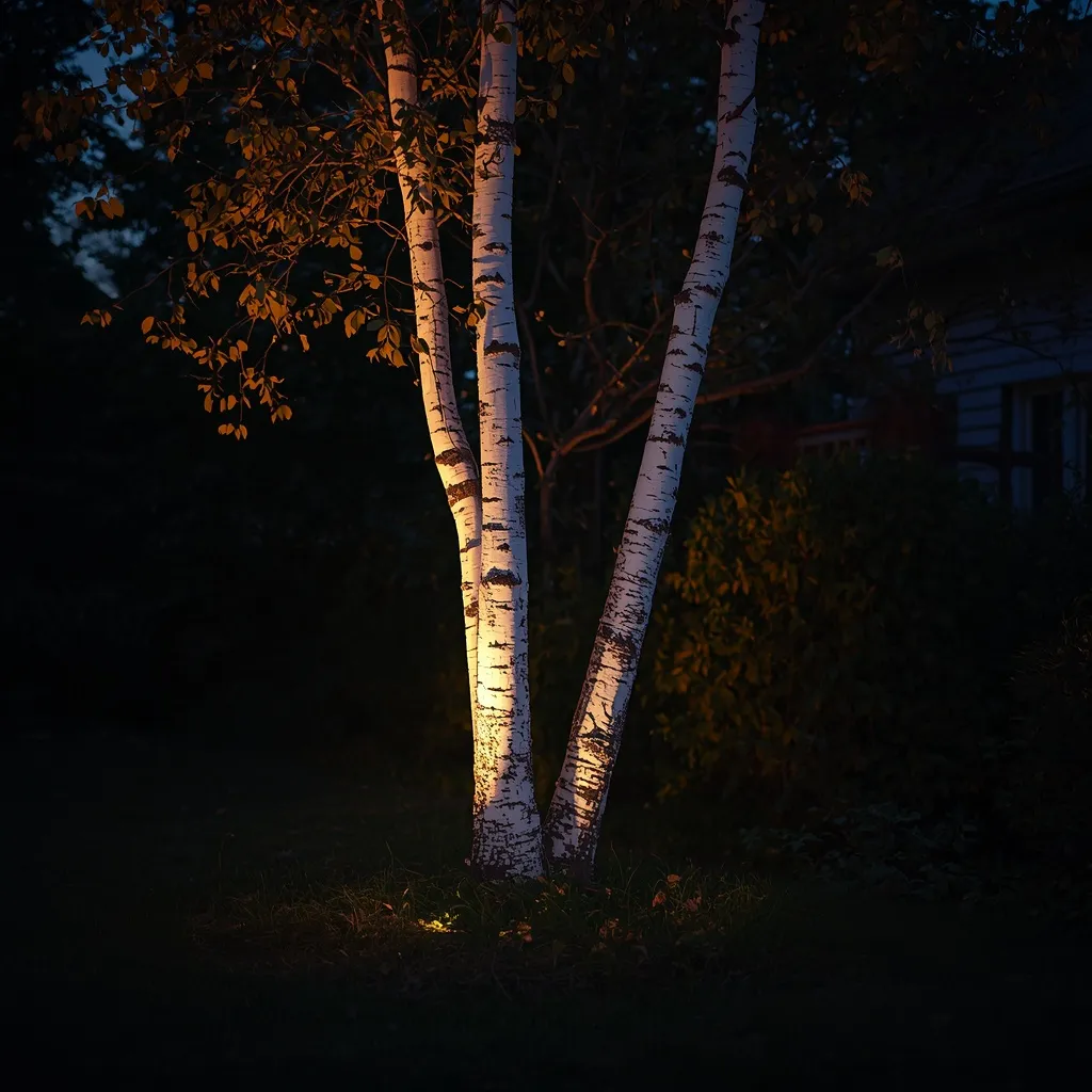 White birch trunk uplit by a warm spotlight glowing against a dark night garden