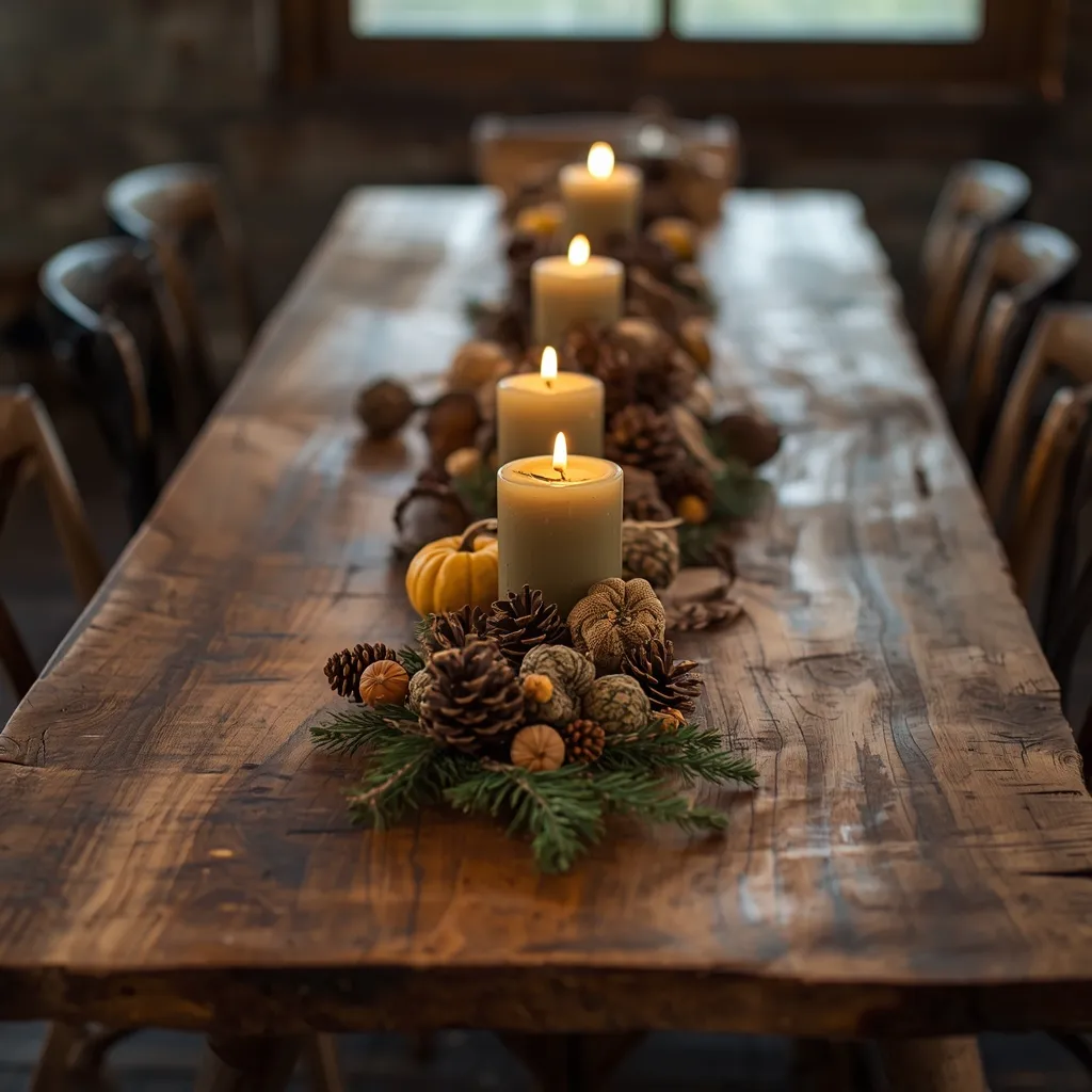 Wood slab runner with candles and gourds