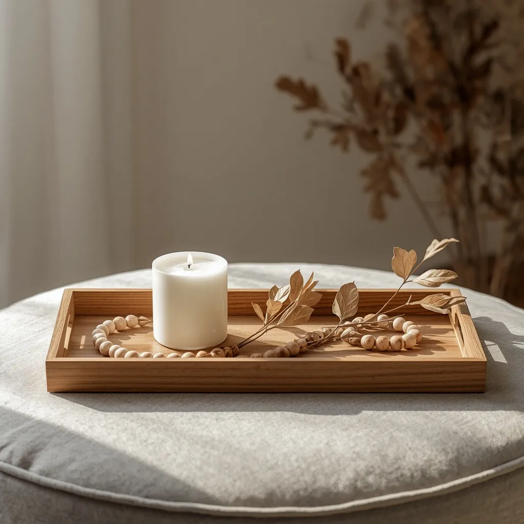 Wooden tray with cozy fall vignette