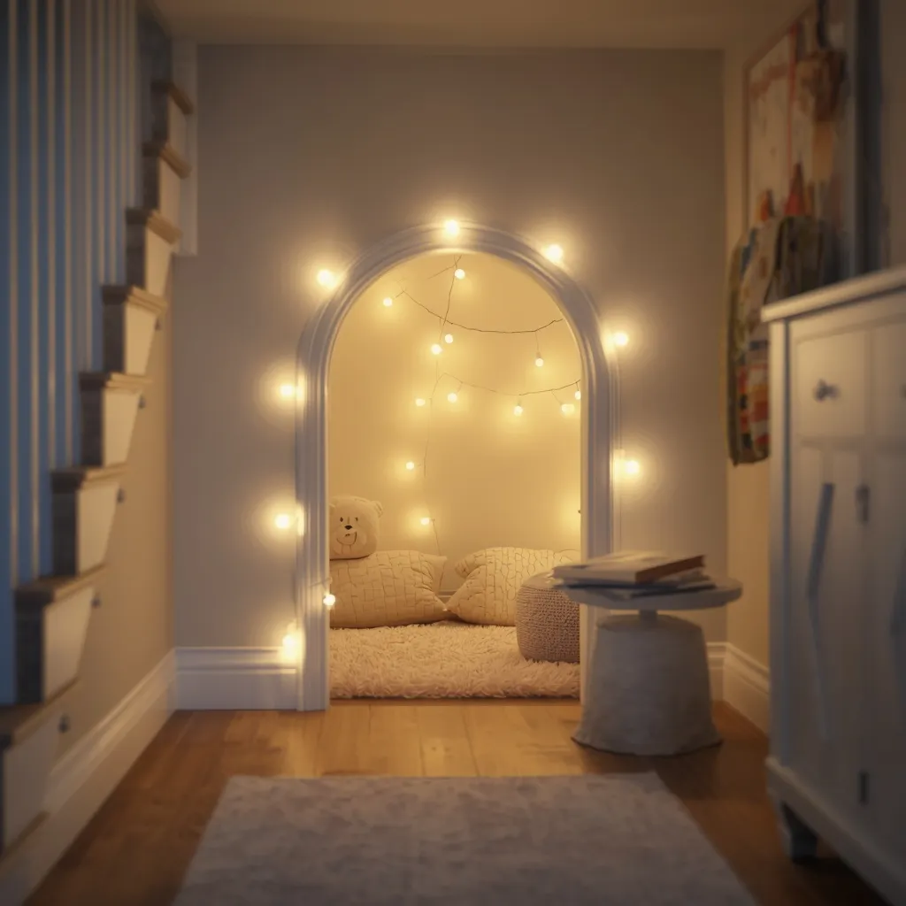 A children’s under-stair play hideout with an arched doorway and fairy lights