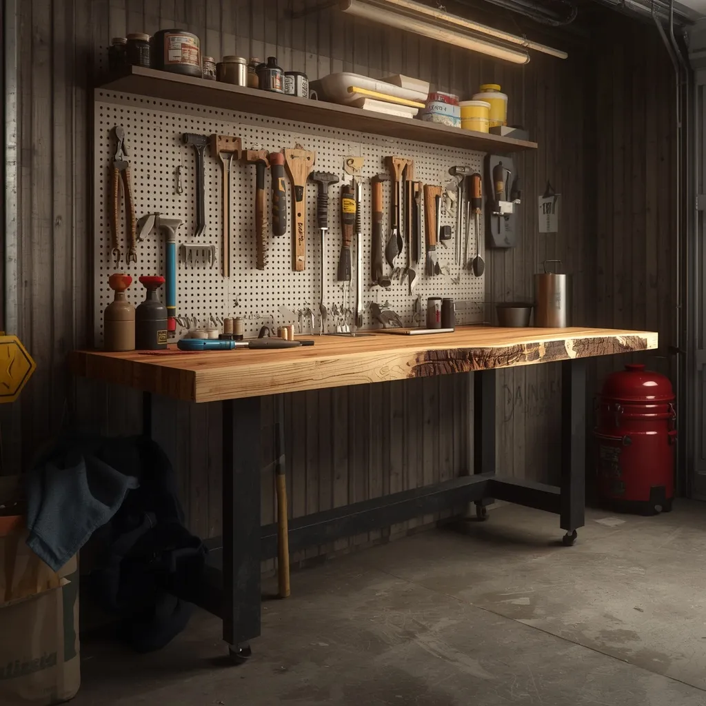 A live-edge timber workbench on steel legs in a rustic garage