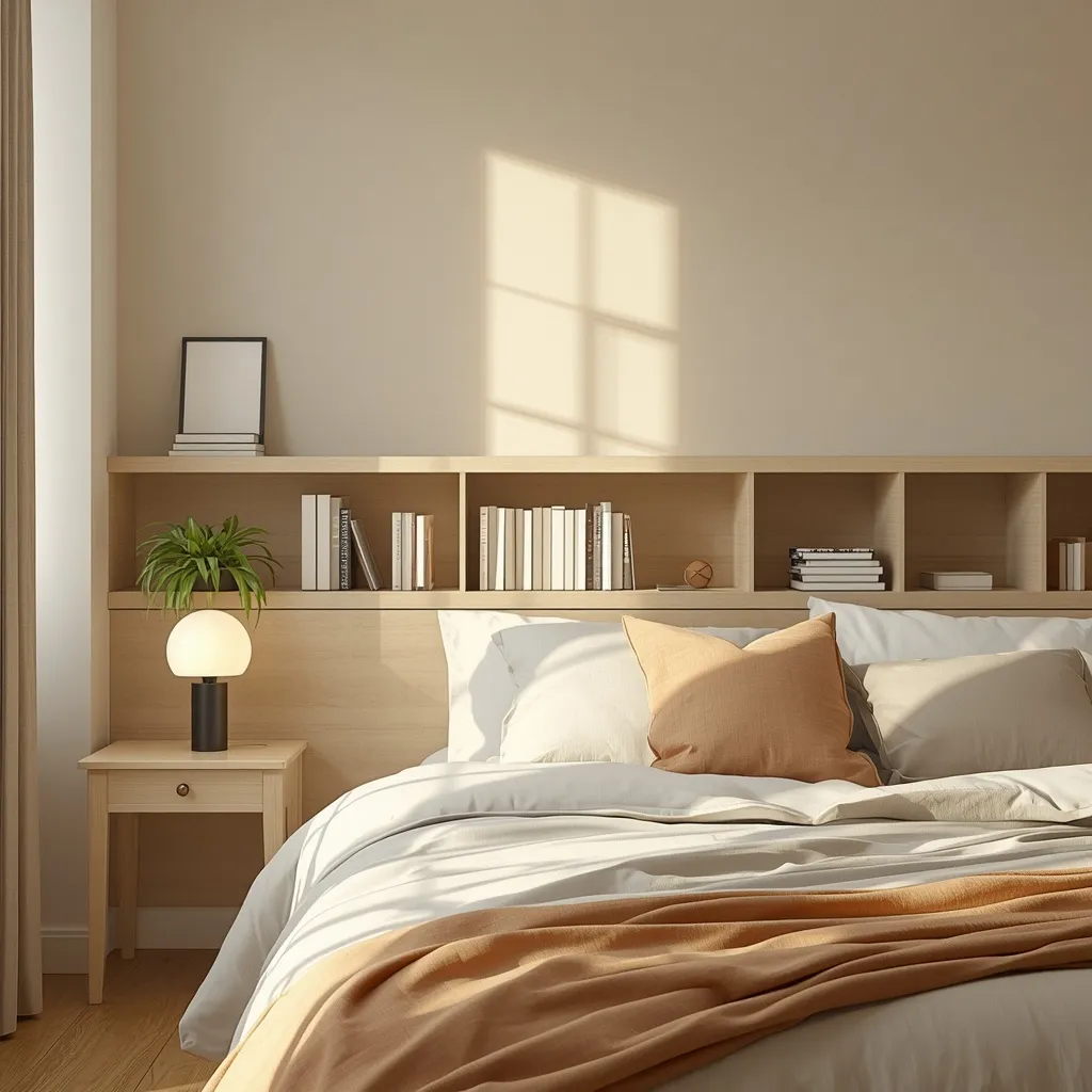 A storage headboard with cubbies holding books, a plant and a lamp behind a bed