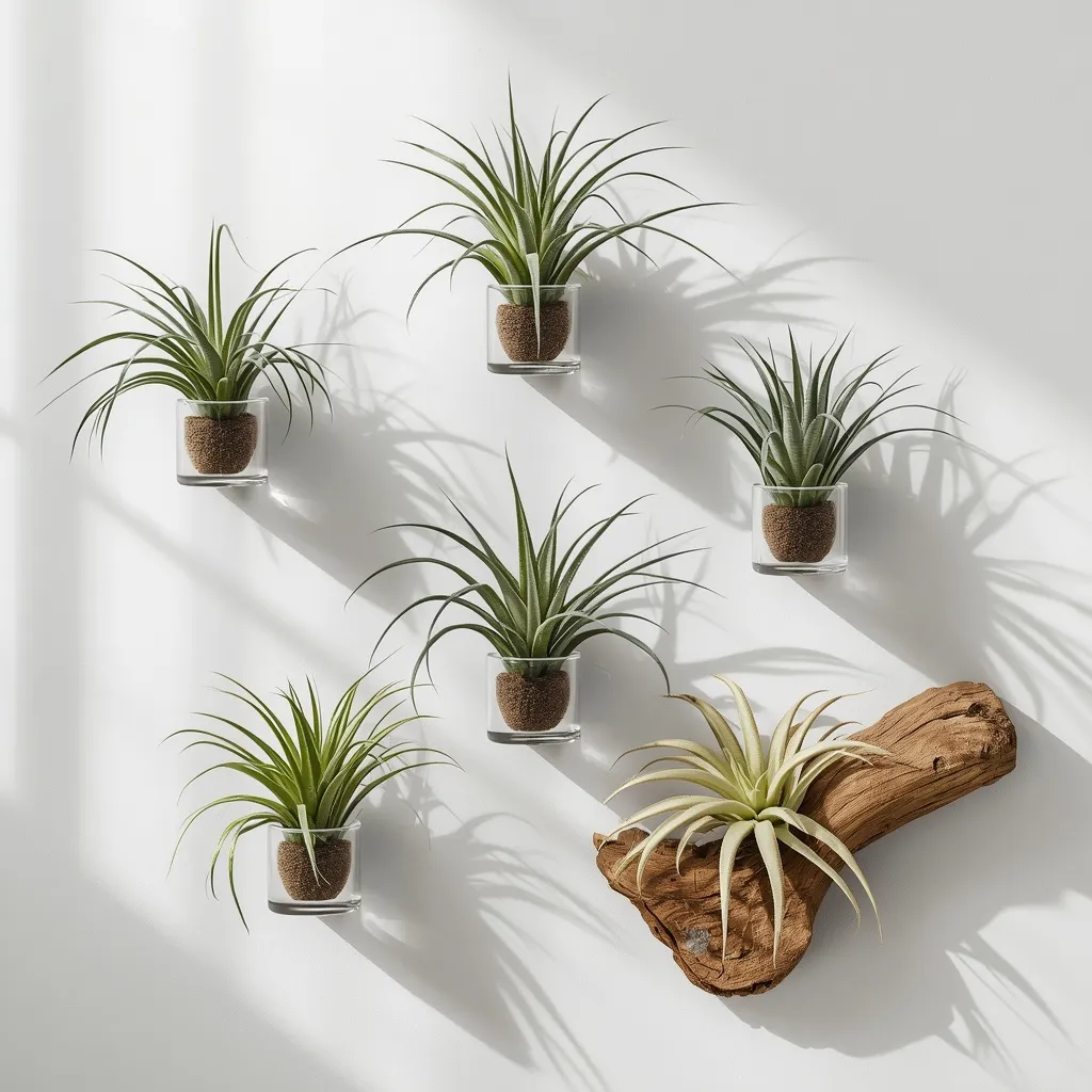 Air plants mounted on bathroom wall