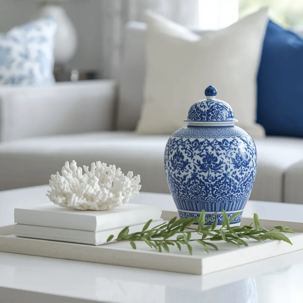 Blue and white coffee table decor