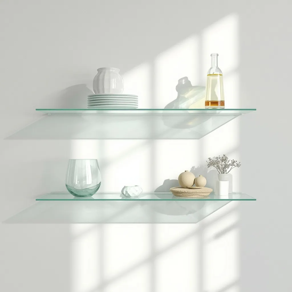 Clear glass floating shelves holding glassware against a bright wall