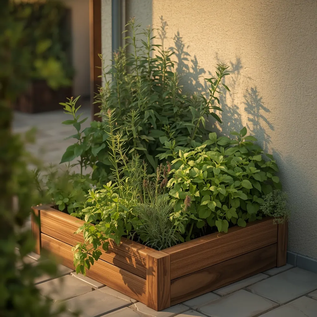 Compact raised-bed herb garden corner