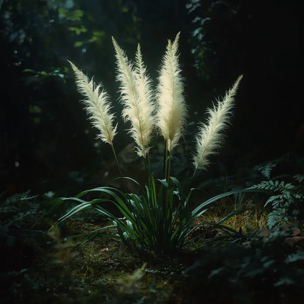 Cream-white astilbe plumes glowing above ferny foliage in a shady garden corner