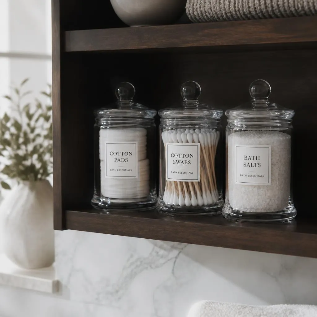 Matching clear canisters holding cotton pads and swabs on a bathroom shelf