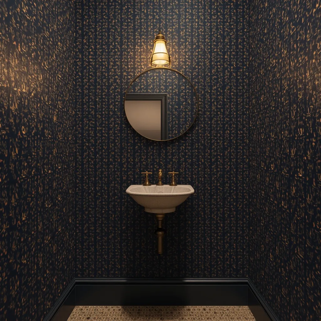 Navy wallpaper small powder room