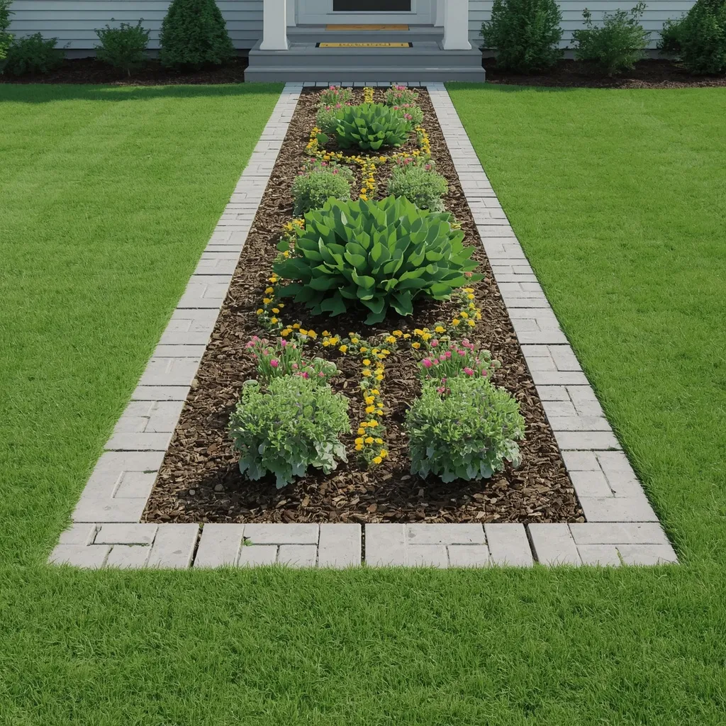 Paver edged formal flower bed