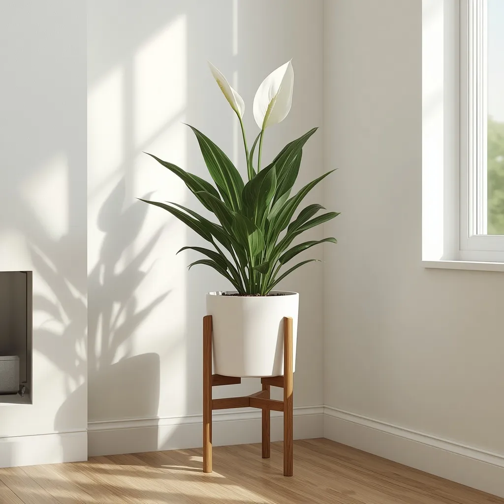 Peace lily raised on a tall plant stand