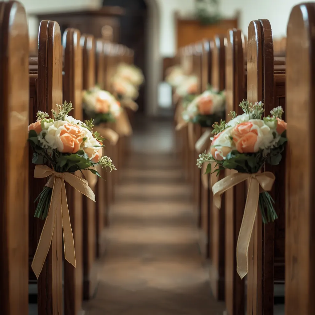 Pew end posies down a church aisle