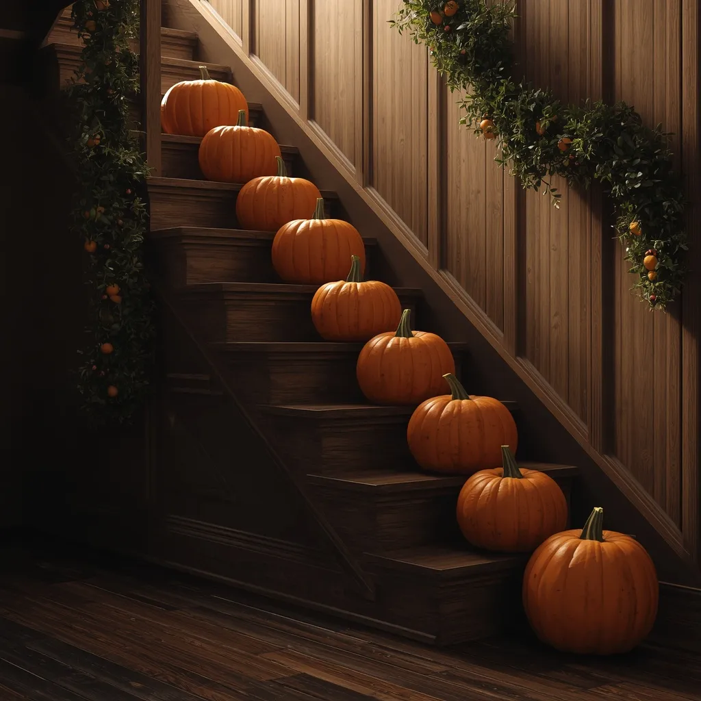 Pumpkins cascading down a staircase