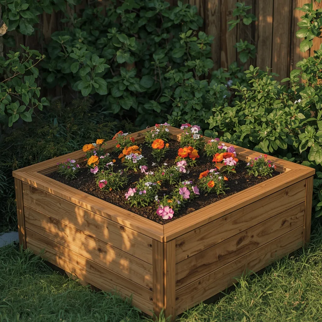 Raised wooden corner flower bed