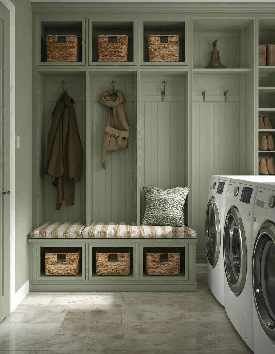 Sage green mudroom laundry combo
