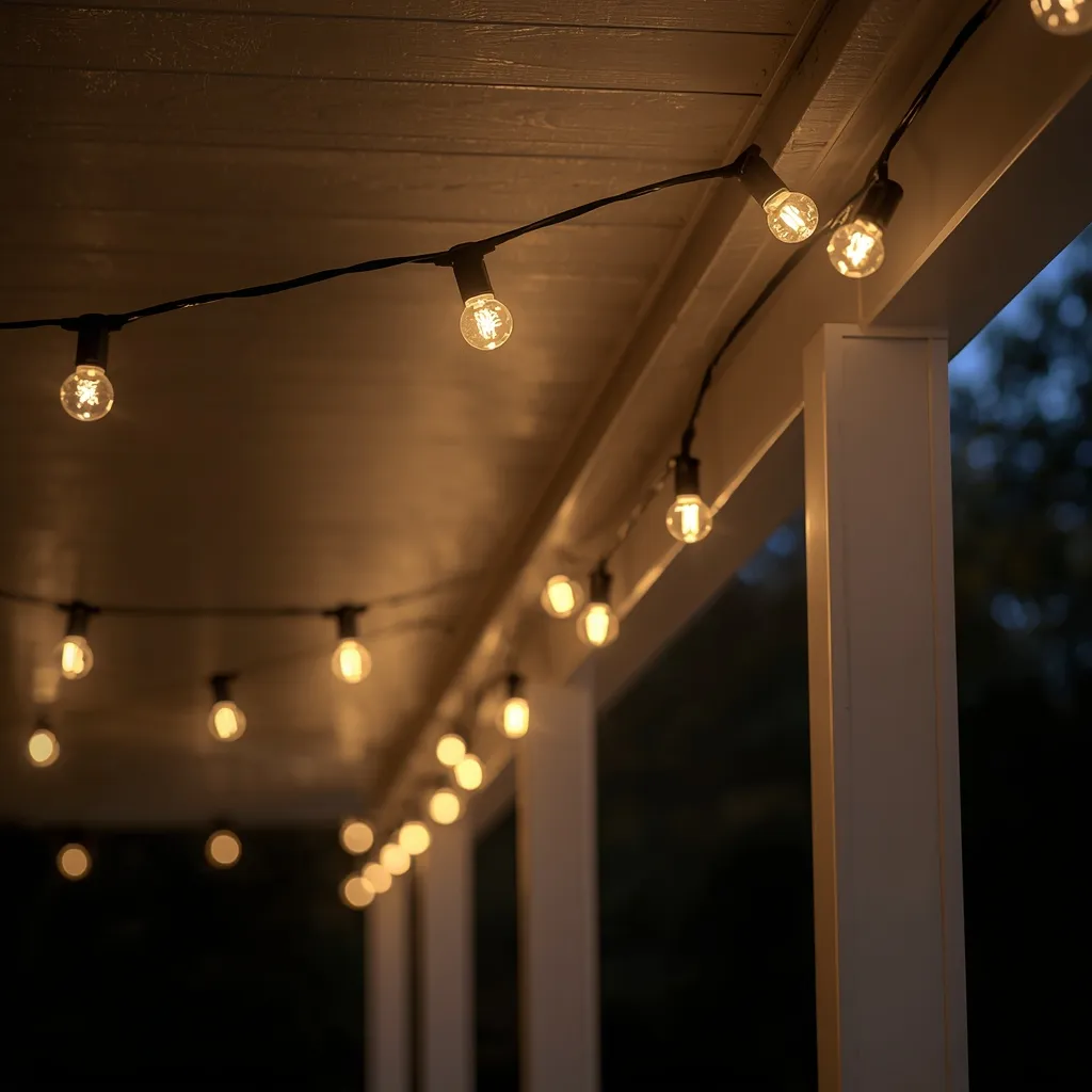 Warm string lights on a fall porch