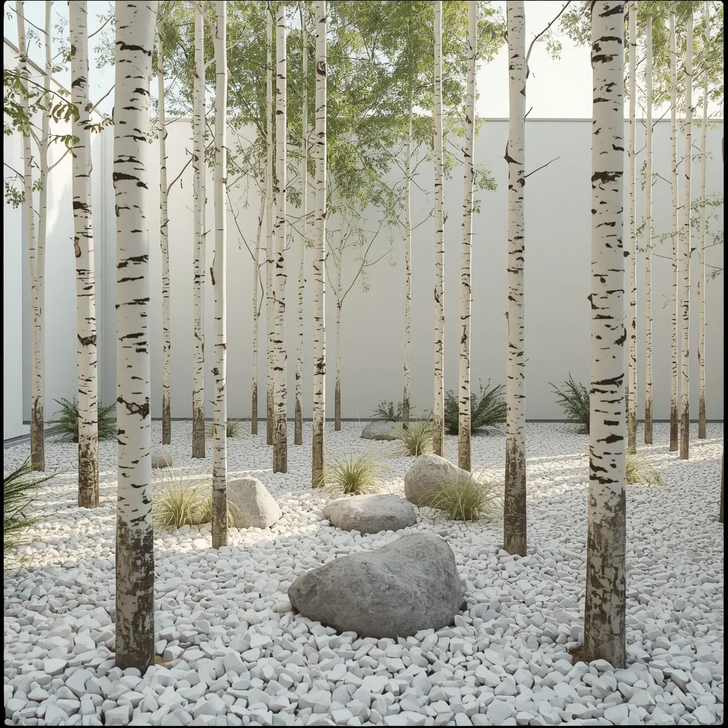White birch trunks rising from pale gravel in a minimalist courtyard garden