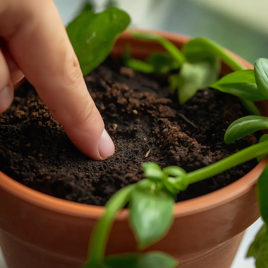 Checking pothos soil moisture before watering