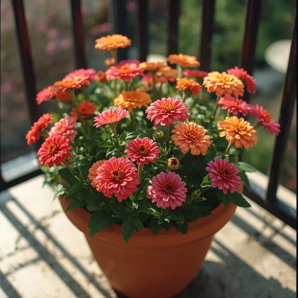 Compact zinnias blooming in a terracotta container on a sunny patio
