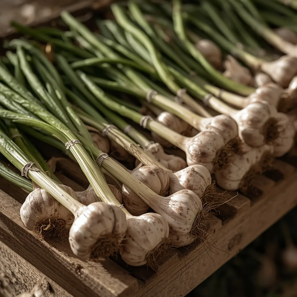Freshly harvested garlic bulbs drying