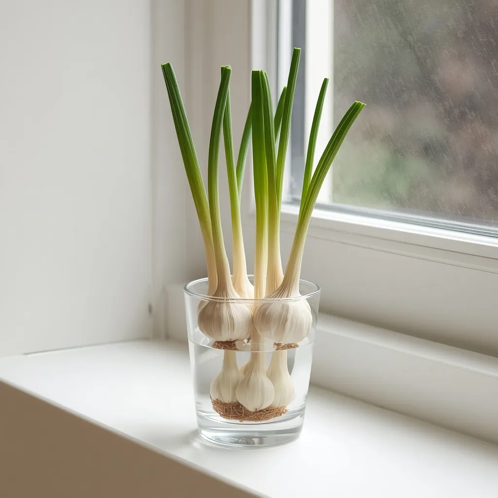 Garlic cloves sprouting greens in water