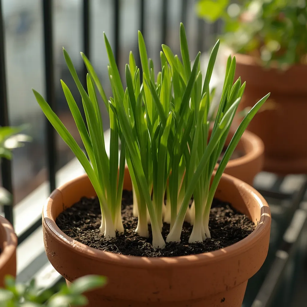 Growing garlic in a pot on a balcony