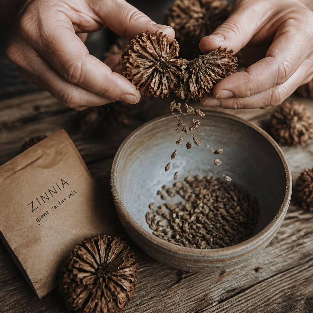 Dried zinnia flower heads pulled apart to collect arrowhead-shaped seeds over a bowl