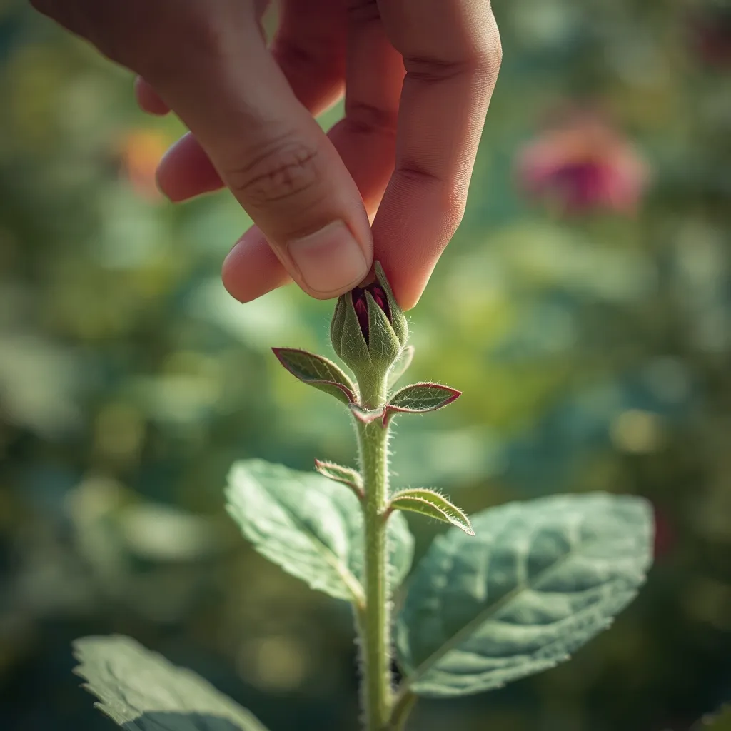 Hand pinching out the top of a young zinnia plant to encourage branching