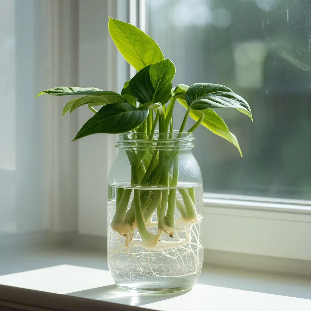Pothos cuttings rooting in a glass of water