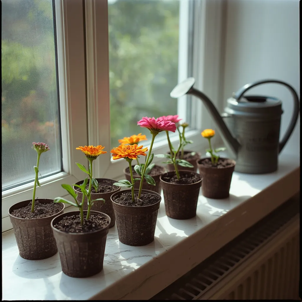 Sowing zinnia seeds into individual peat pots on a bright windowsill indoors