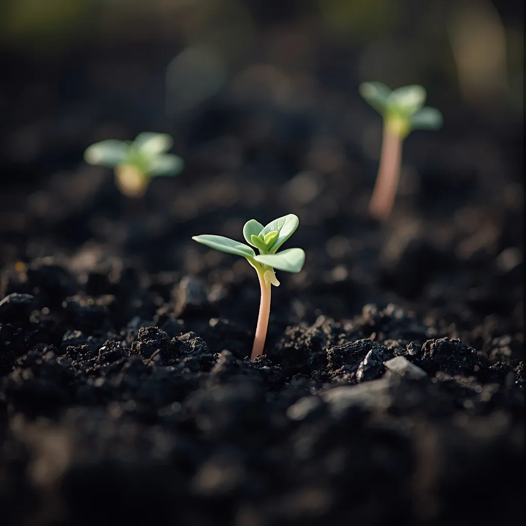 Young zinnia seedlings with true leaves growing in a garden bed
