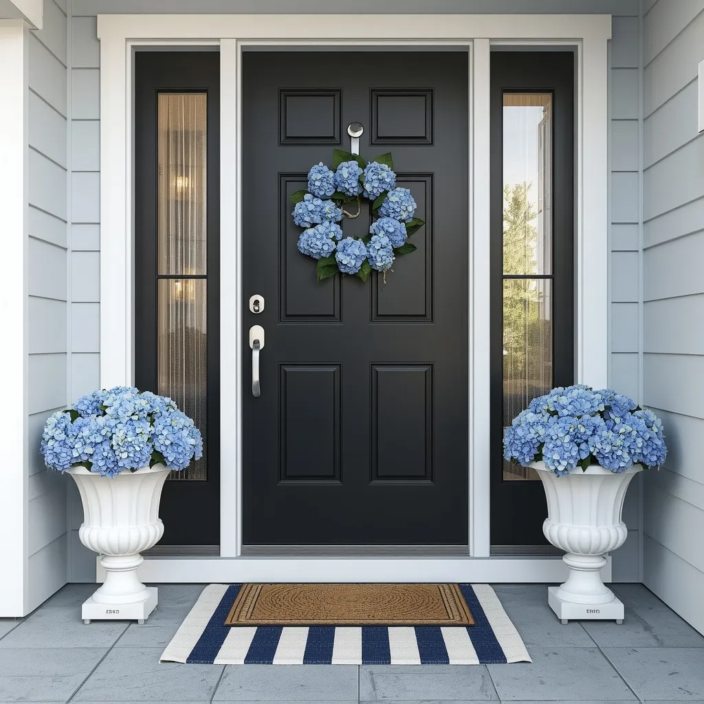 Coastal blue and white black front door