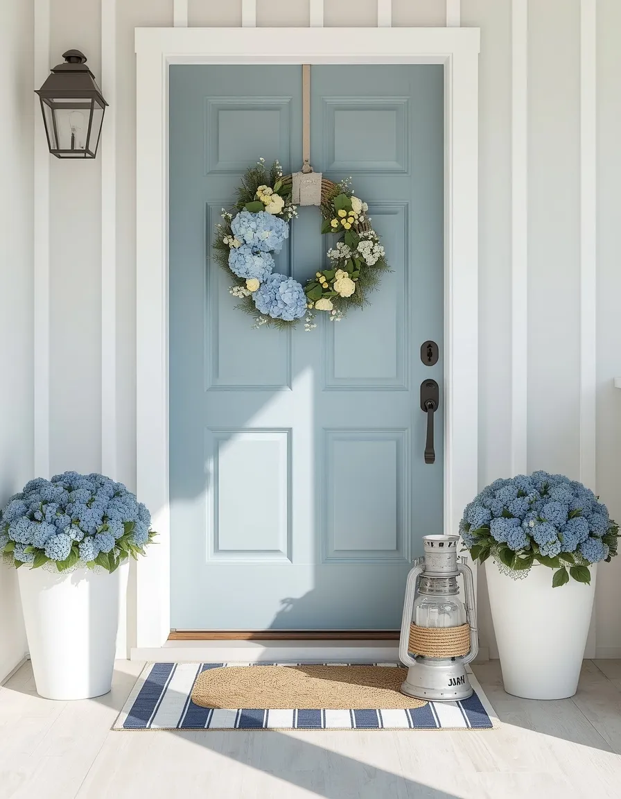 Coastal blue and white summer front door