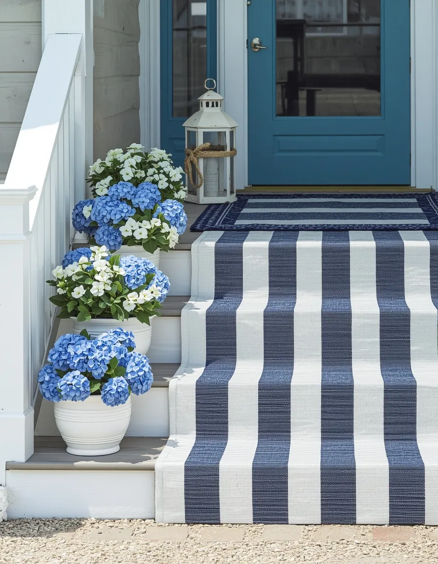 Coastal blue and white summer front steps