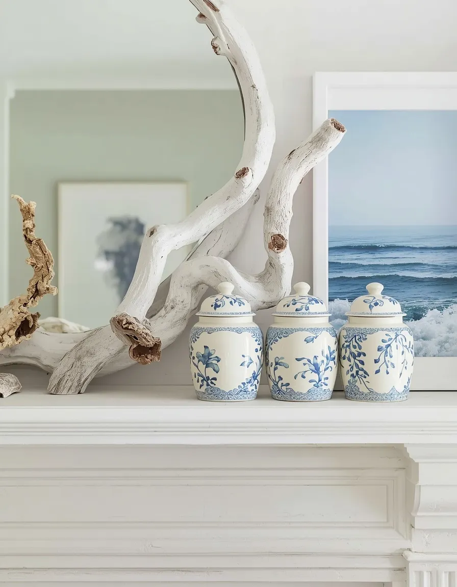 Coastal blue and white summer mantel