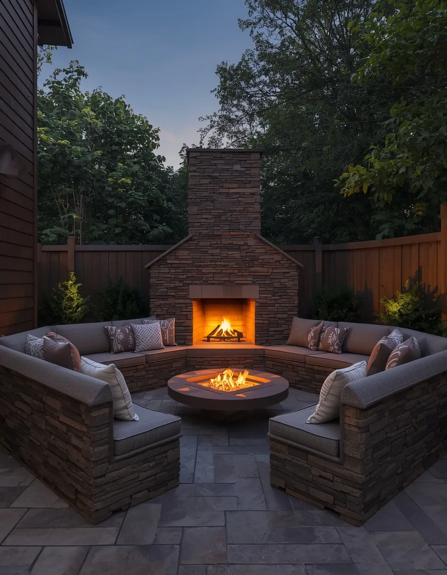 Corner fireplace with built-in bench