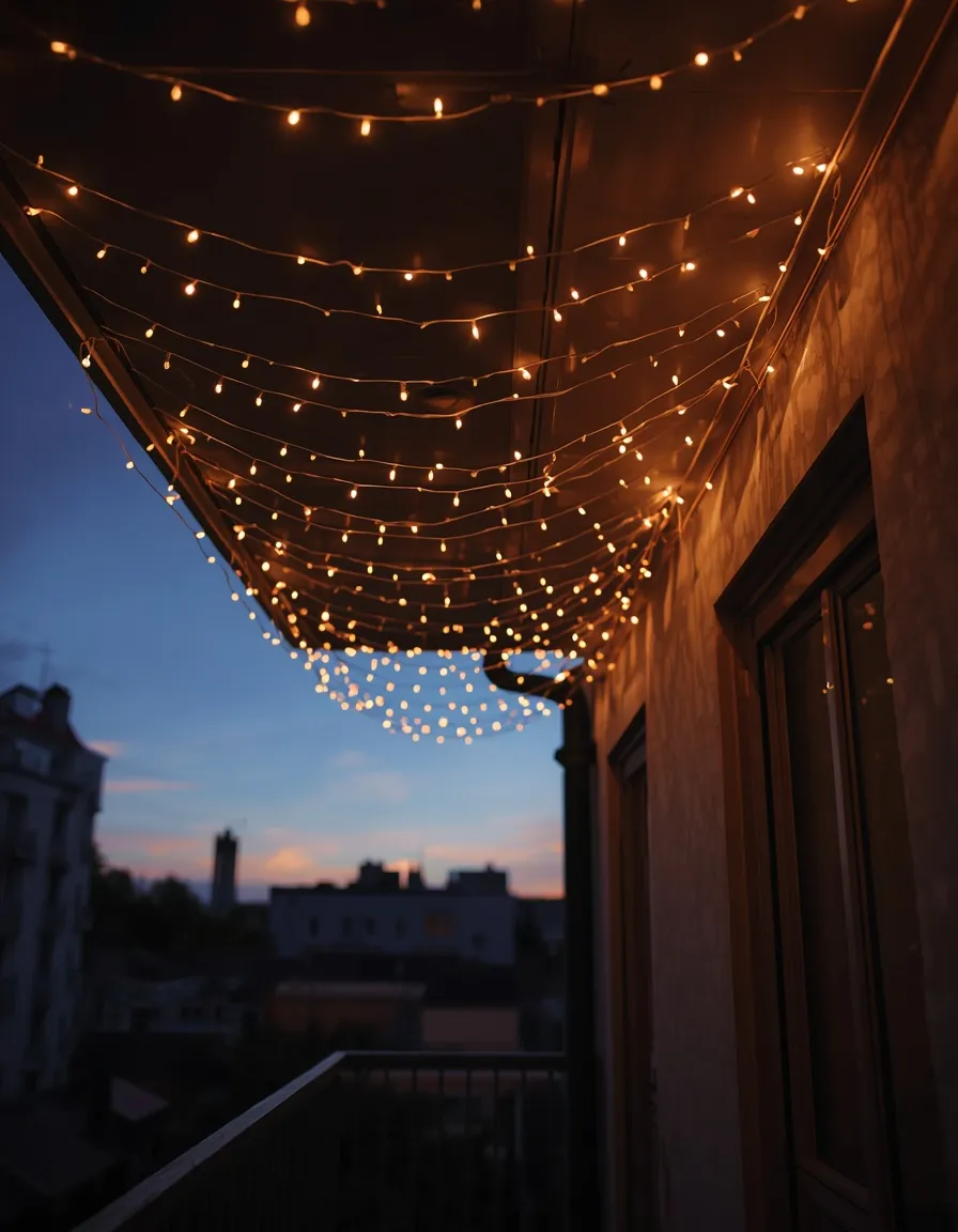 Fairy light canopy on urban balcony