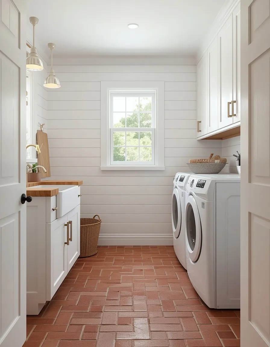 Farmhouse white brick floor laundry room