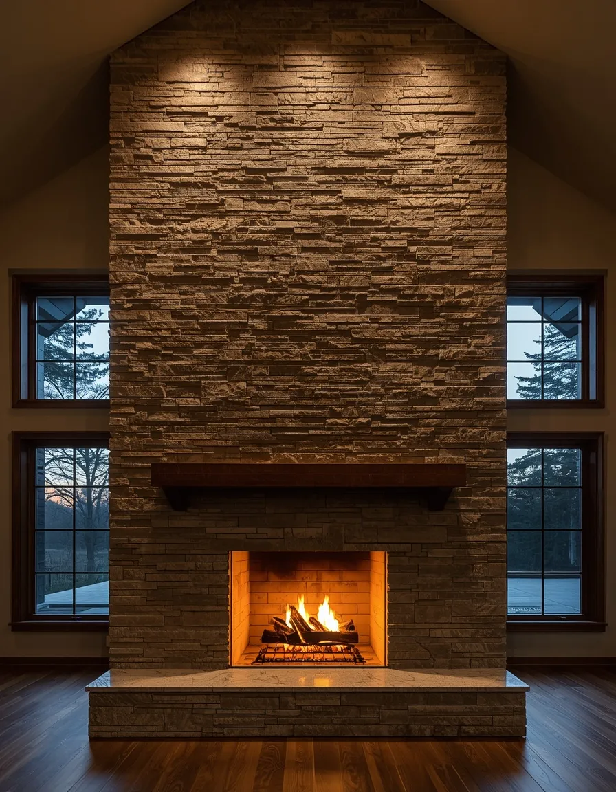 Floor to ceiling two story stone fireplace