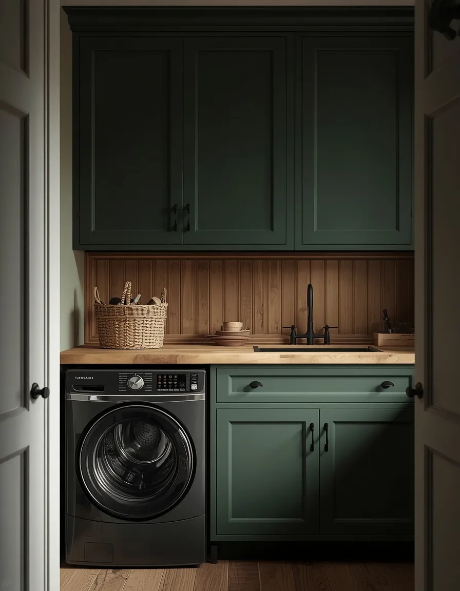 Forest green moody laundry room